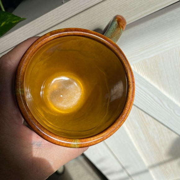 Pair of Vtg Dryden Glossy Drip Glaze Pottery Mug Brown Green Orange 4" w/ Handle - Picture 5 of 6